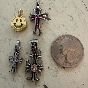 Chrome crosses and smiley face pendant lot all 4. Silver plate.